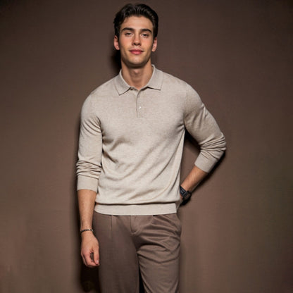 Men's camel polo wool sweater front view