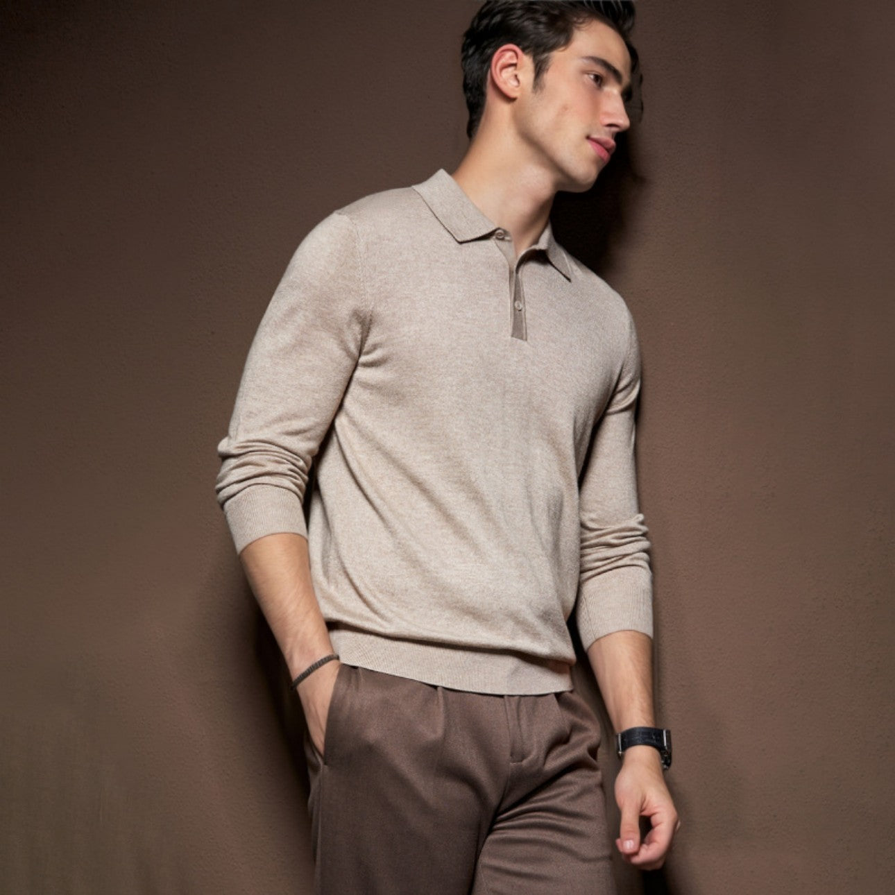Men's camel polo wool sweater side view