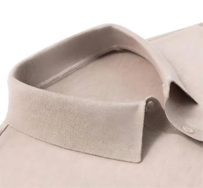 Close-up of polo collar detail on wool sweater