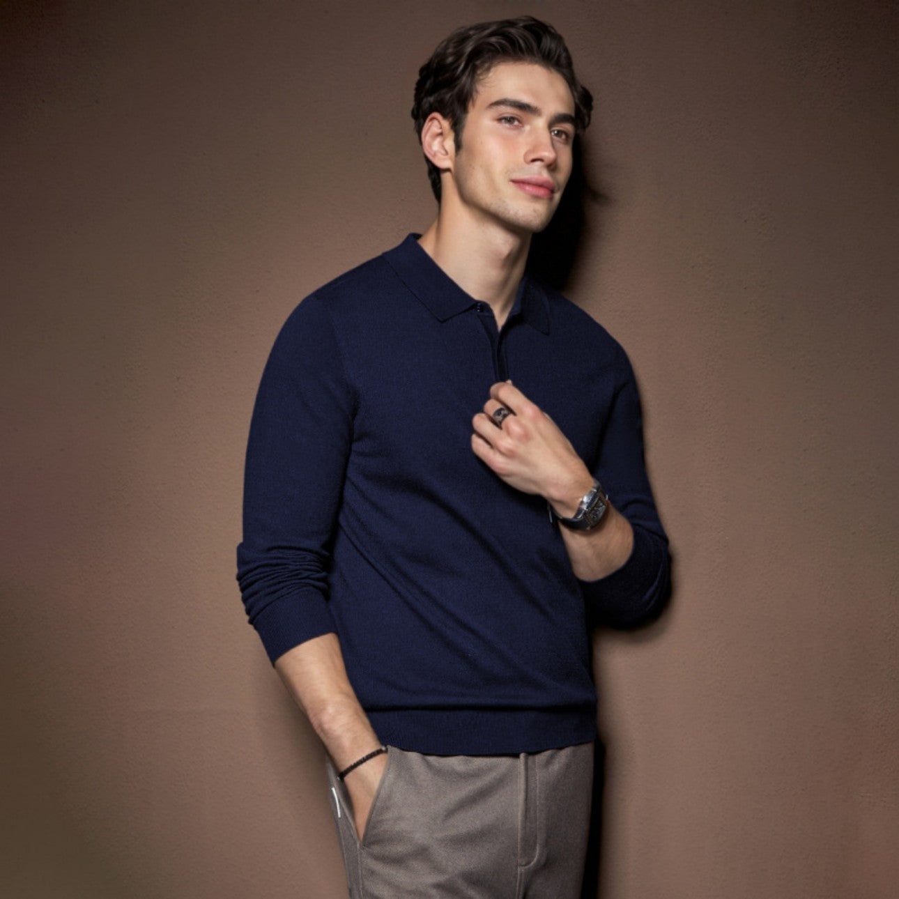 Men's navy blue polo wool sweater side view