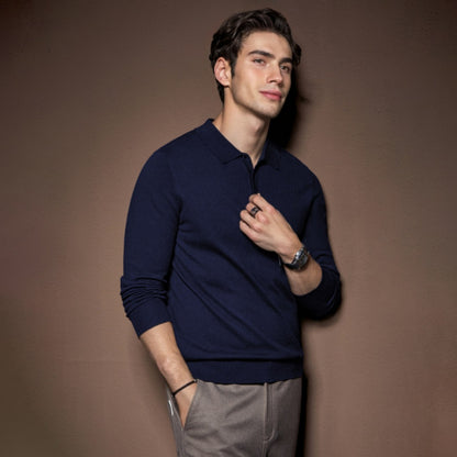 Men's navy blue polo wool sweater side view