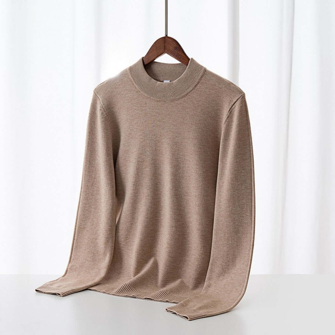 Men's Wool Sweater OEM in beige with a thick round-neck design, perfect for customizable options and stylish comfort.