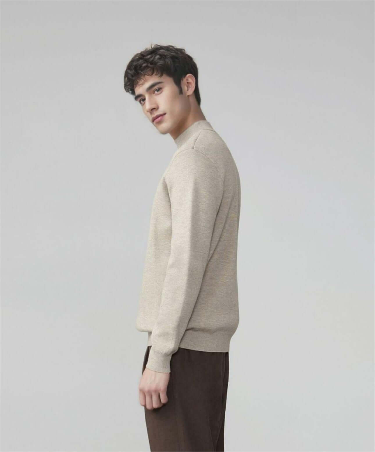 Men's Wool Sweater OEM - Model wearing a beige thick round-neck wool sweater, showcasing timeless style and comfort.