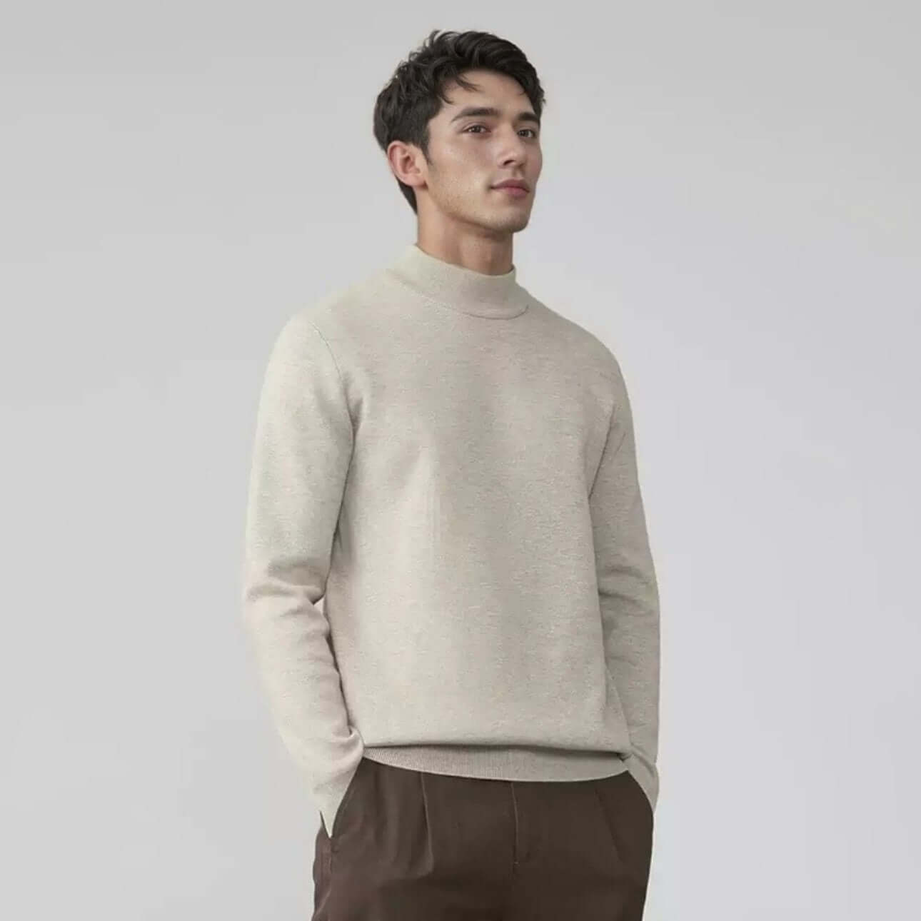 Men's Wool Sweater OEM - Thick Round-Neck Custom Manufacturer worn by a model in a light beige color.
