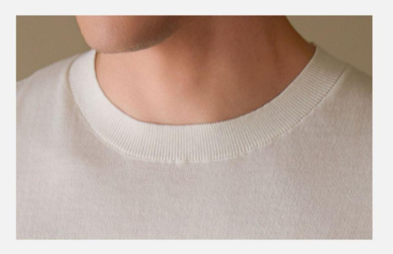 Close-up detail of men's short-sleeved sweater neckline