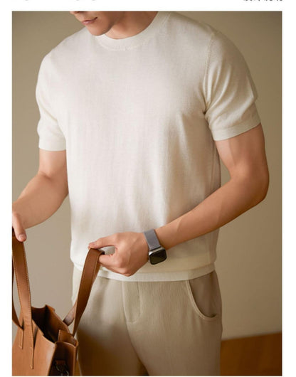 Men's white short-sleeved sweater front view on model