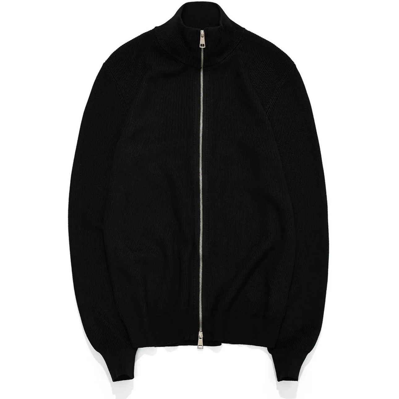 Men's black turtleneck cardigan flat lay presentation