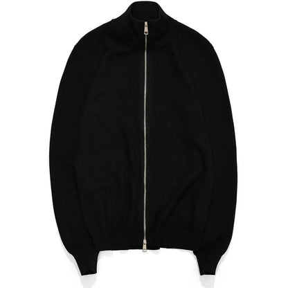 Men's black turtleneck cardigan flat lay presentation