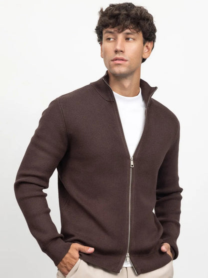 Men's coffee turtleneck cardigan front view on model