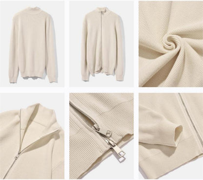 Men's black turtleneck cardigan flat lay presentation