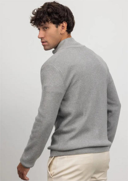 Men's gray turtleneck cardigan back view on model