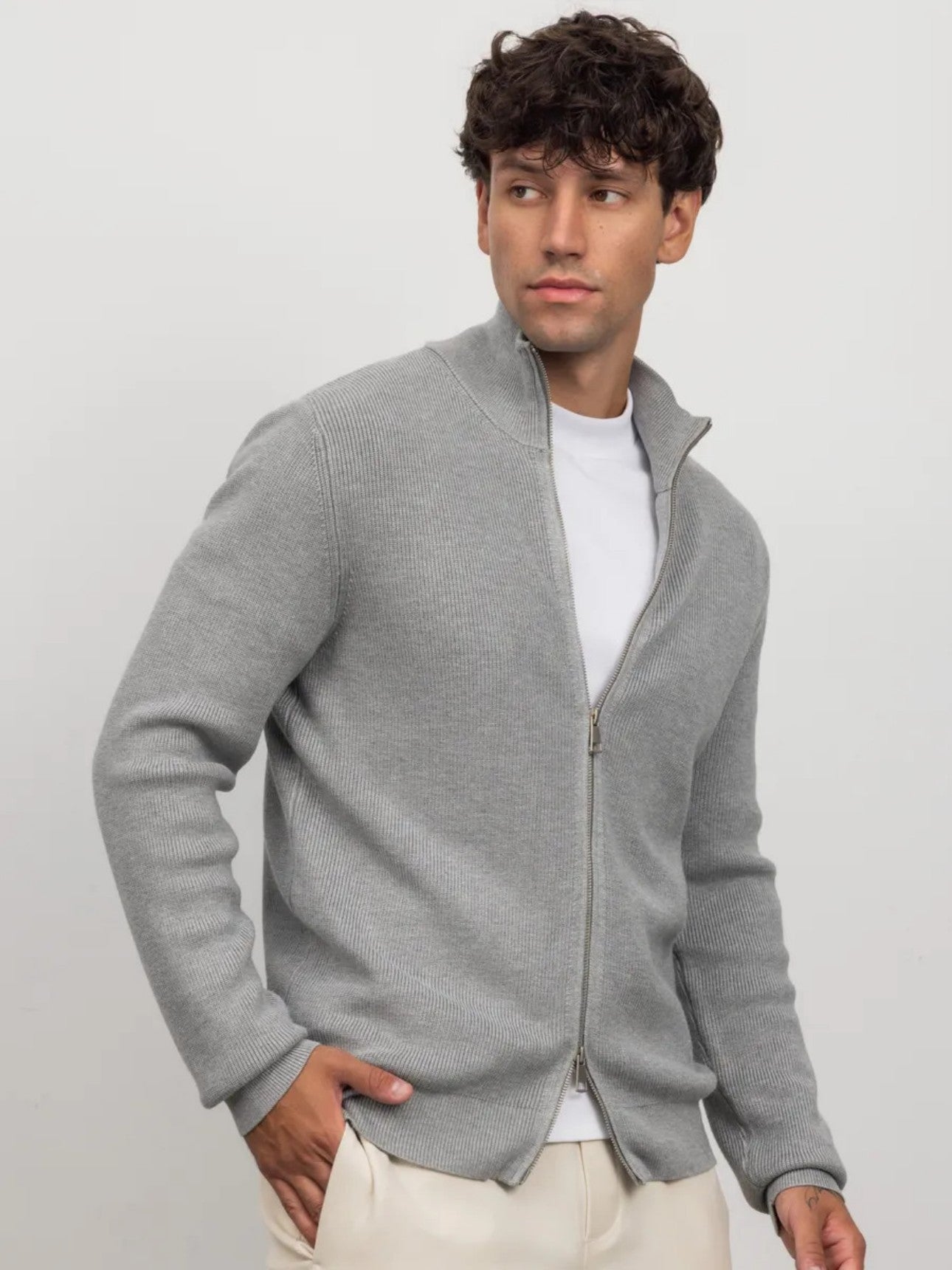 Men's gray turtleneck cardigan front view on model