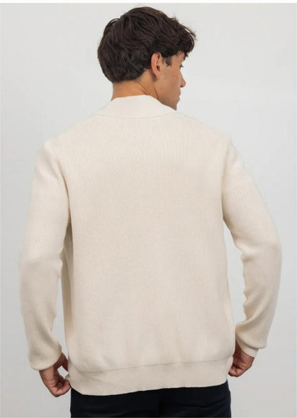 Men's off-white turtleneck cardigan back view on model