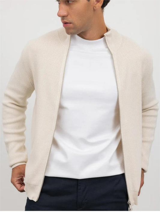 Men's off-white turtleneck cardigan with dual zip front unzipped