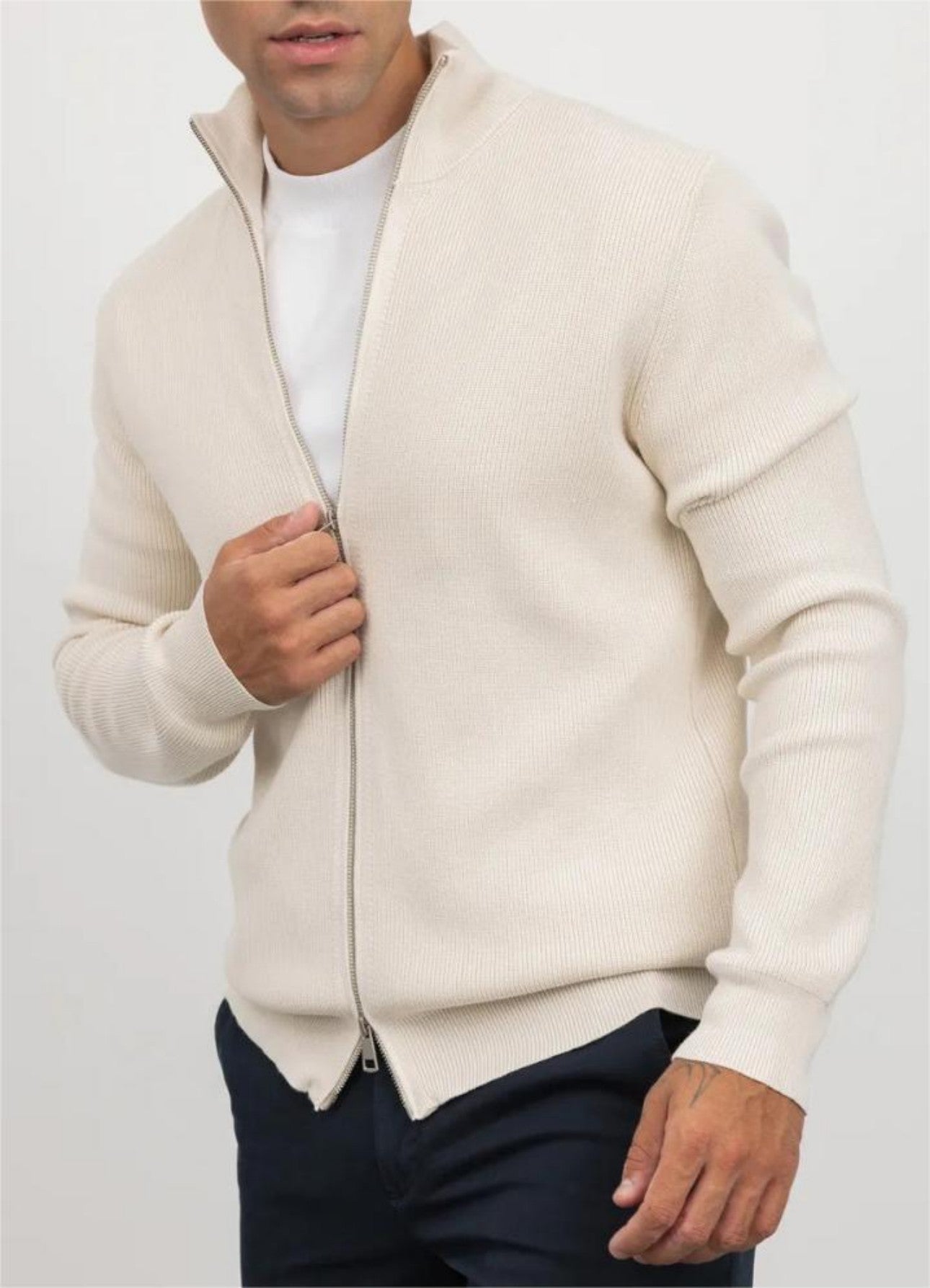 Men's off-white turtleneck cardigan with dual zip front zipped up