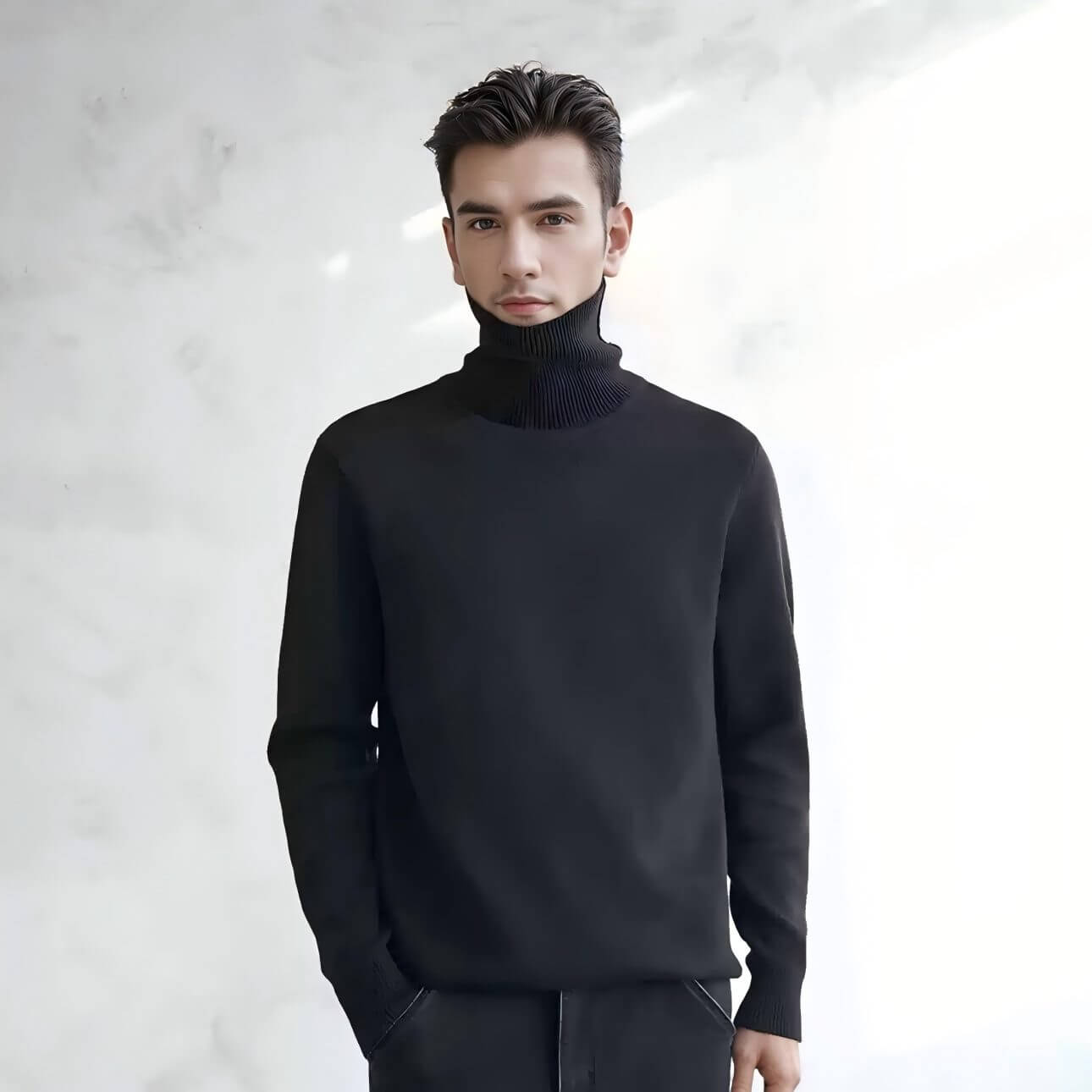 Men's Wool Turtleneck OEM - Stylish black thick wool turtleneck sweater with high neck, perfect for cold weather.