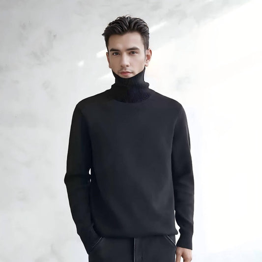 Men's Wool Turtleneck OEM - Stylish black thick wool turtleneck sweater with high neck, perfect for cold weather.