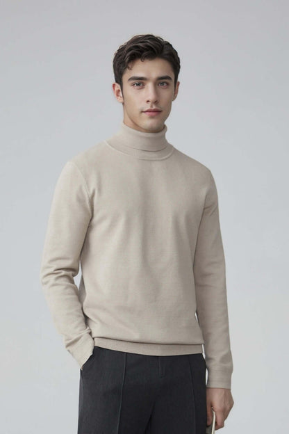 Men's Wool Turtleneck OEM - Stylish beige wool sweater with high neck for men, perfect for modern knitwear collections.