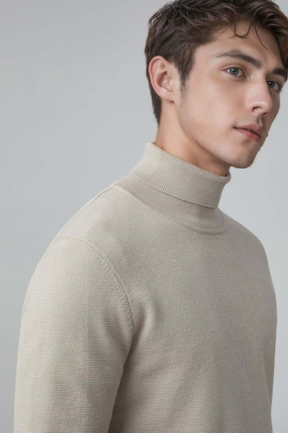 Men's Wool Turtleneck OEM - Model showcasing a beige thick high neck sweater highlighting style and comfort.