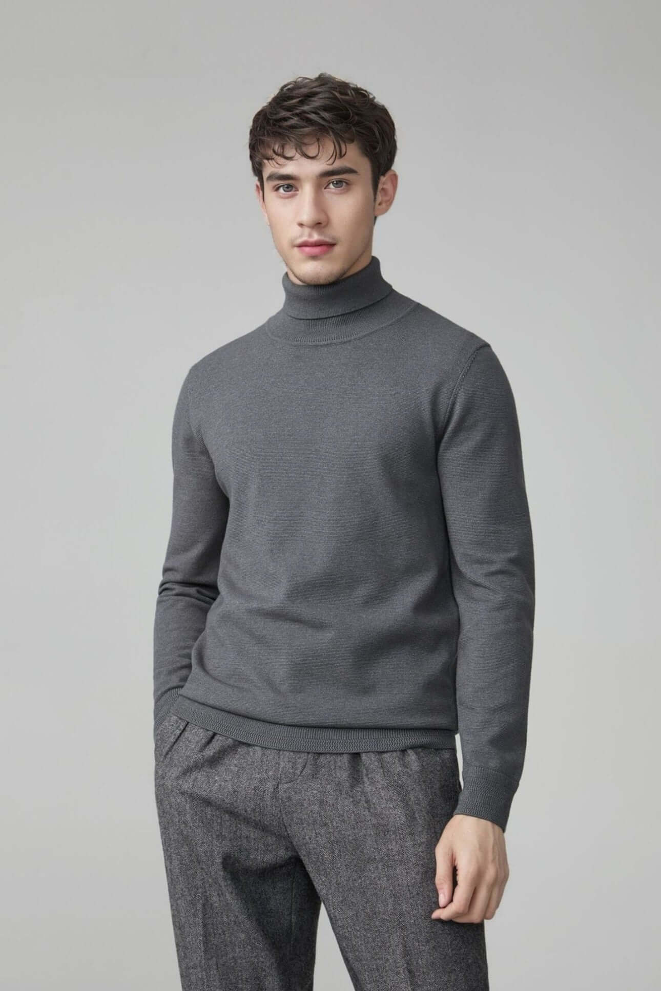 Men's Wool Turtleneck OEM - Thick high neck sweater in gray, perfect for versatile comfort and classic style.