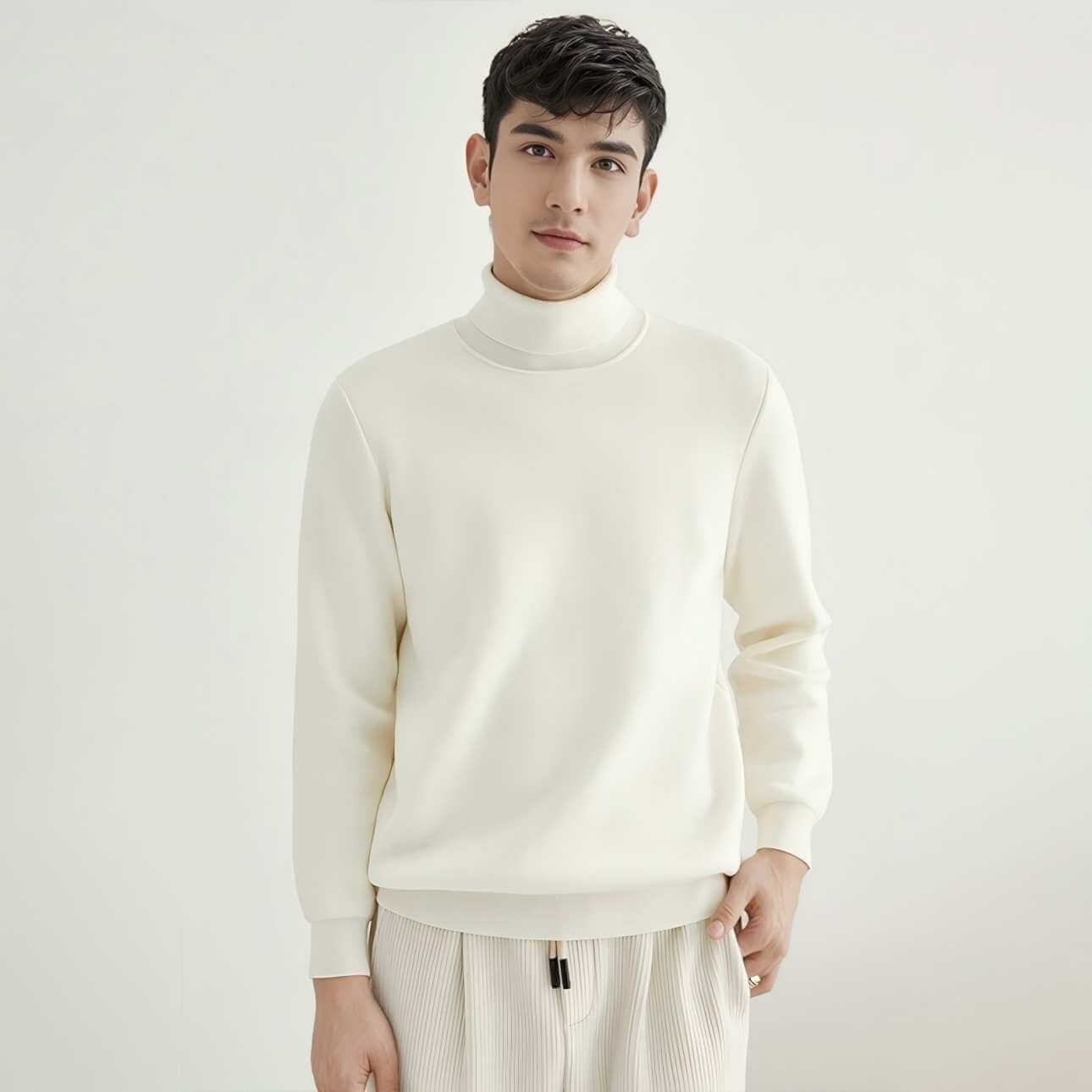 Men's Wool Turtleneck OEM - Model wearing a cream-colored thick high neck sweater, showcasing modern knitwear style.