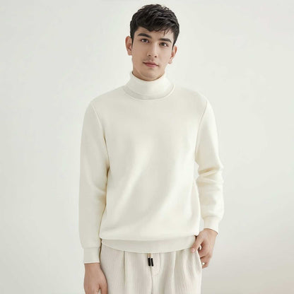 Men's Wool Turtleneck OEM - Model wearing a cream-colored thick high neck sweater, showcasing modern knitwear style.