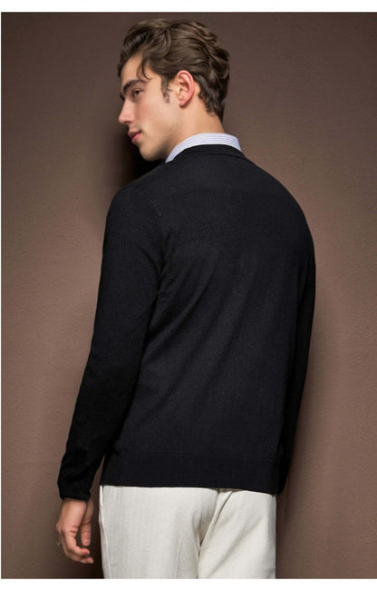 Men's V-Neck Cardigan OEM - Back view of a stylish black wool blend sweater.