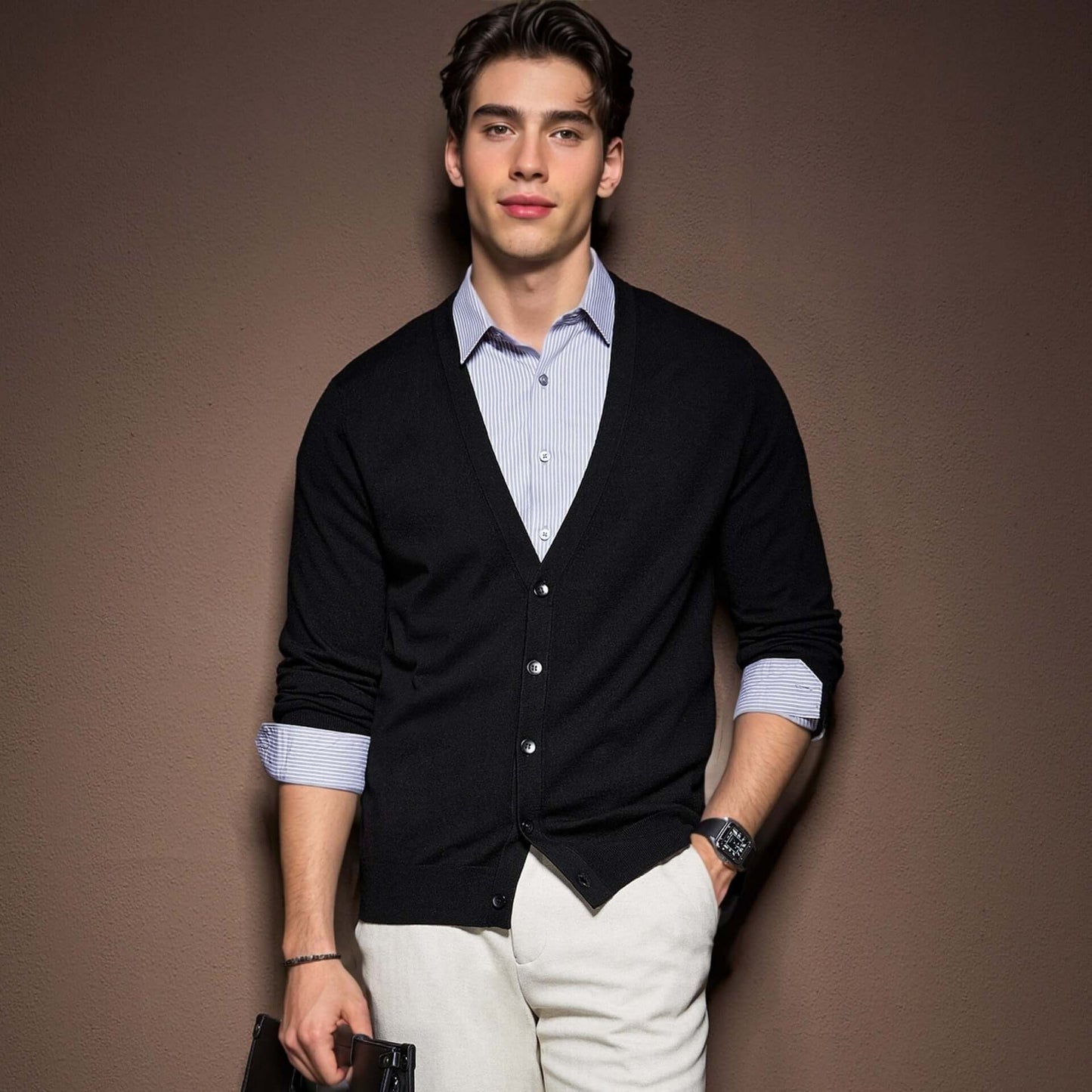 Men's V-Neck Cardigan OEM in black worn by a model, showcasing its classic design and modern fit.