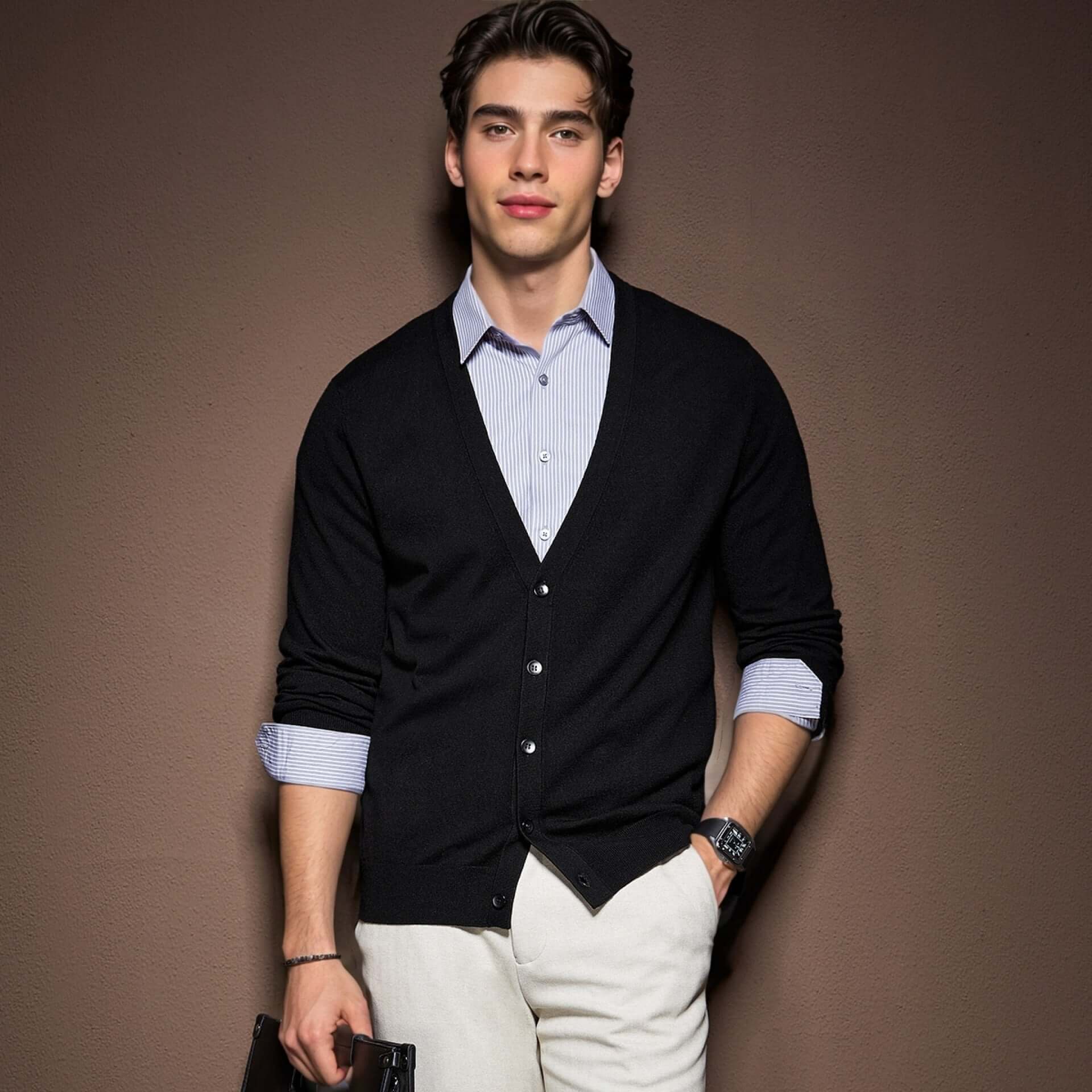 Men's V-Neck Cardigan OEM in black worn by a model, showcasing its classic design and modern fit.
