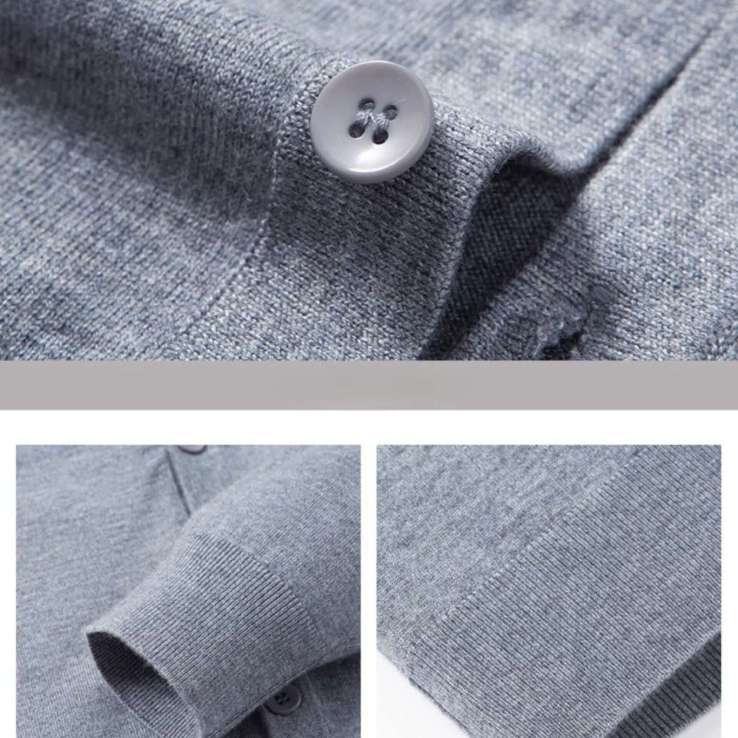 Men's V-Neck Cardigan OEM - close-up detail of button and sleeve, highlighting craftsmanship and wool blend fabric.