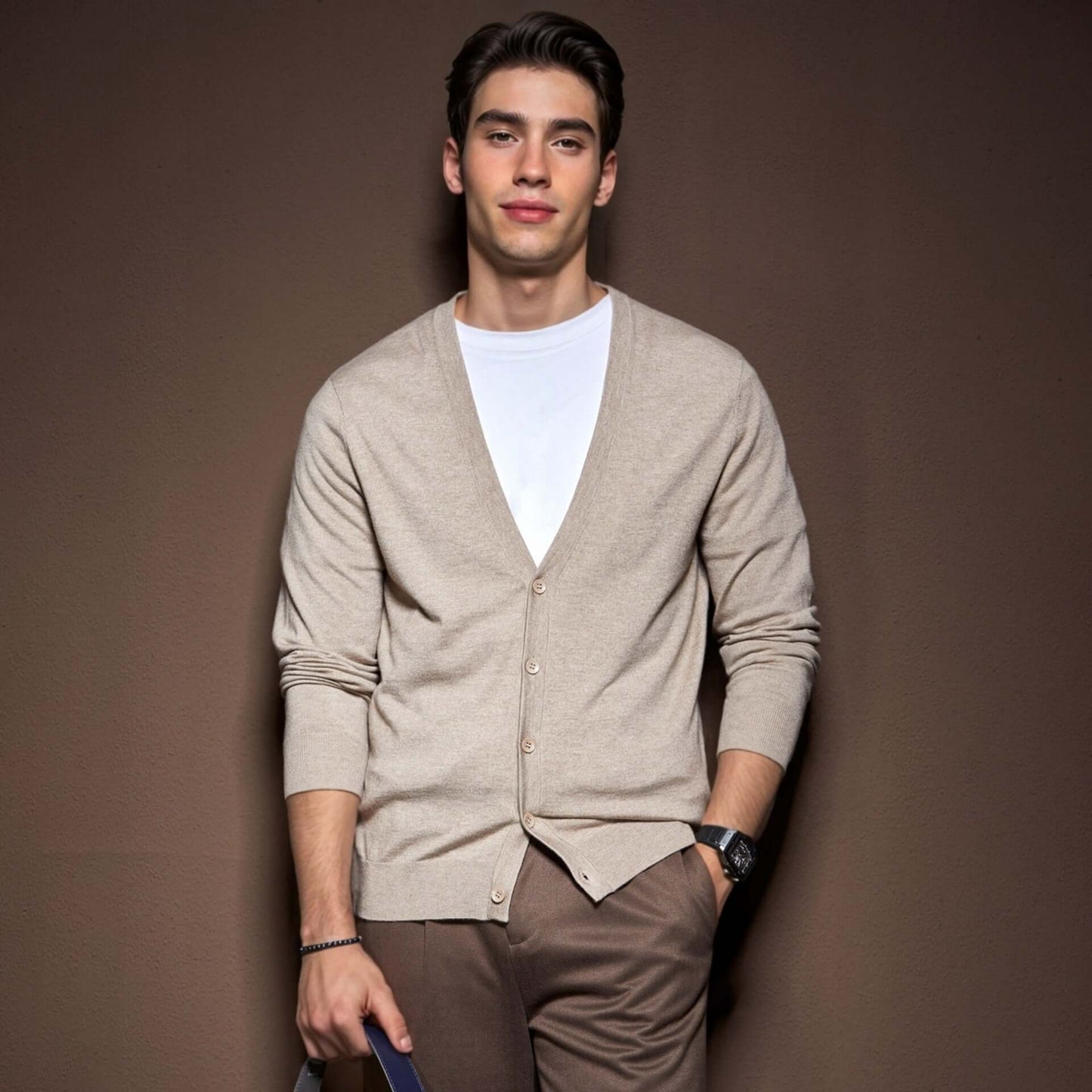 Men's V-Neck Cardigan OEM in beige wool blend worn by model against neutral backdrop.