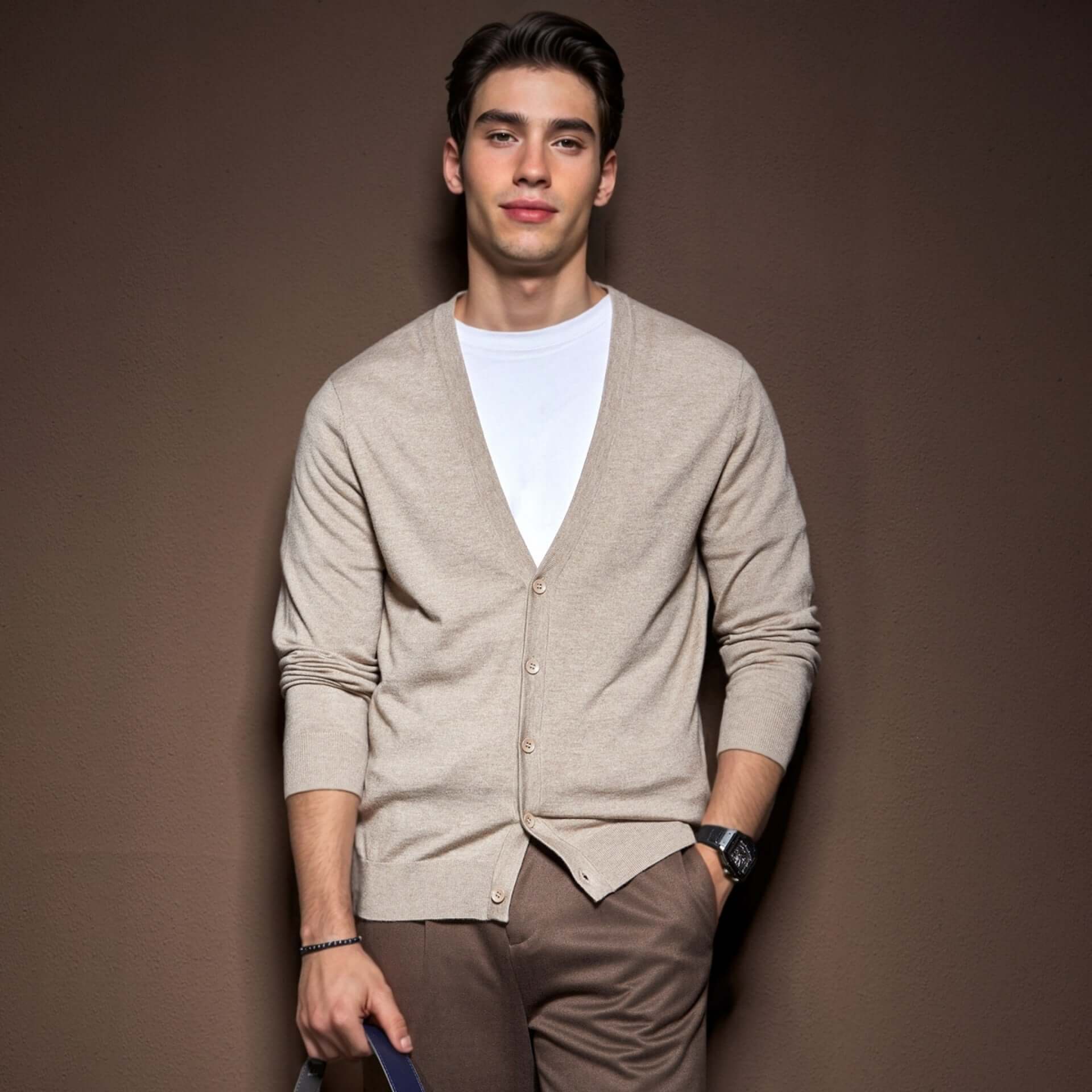 Men's V-Neck Cardigan OEM in beige wool blend worn by model against neutral backdrop.