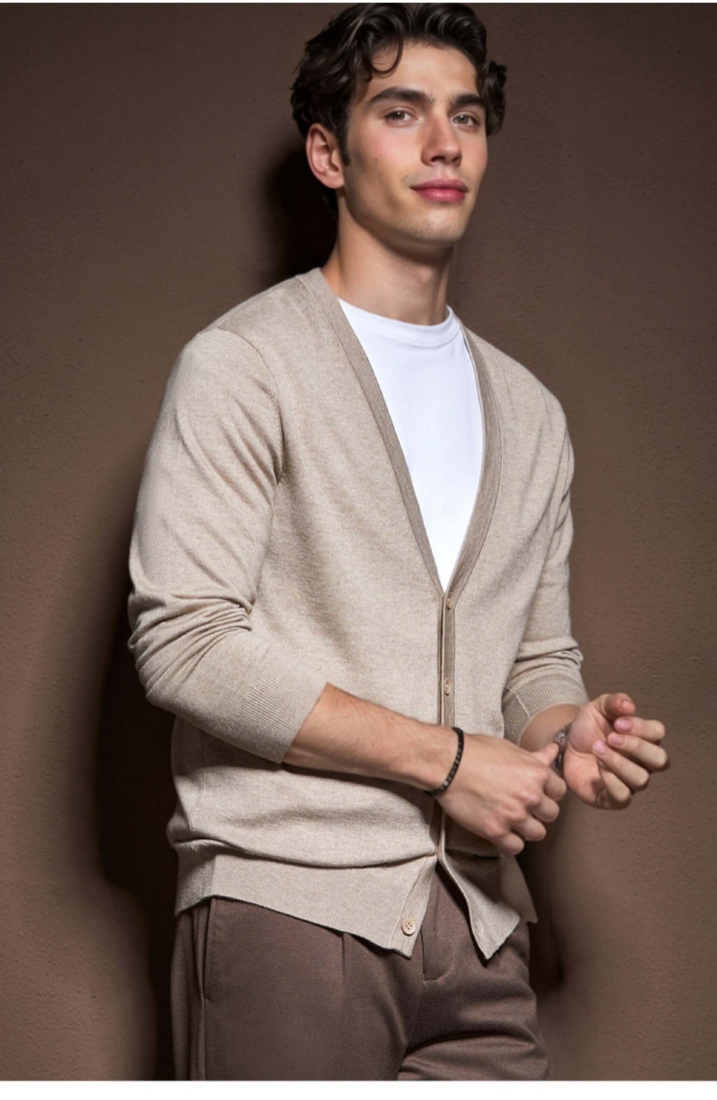 Men's V-Neck Cardigan OEM - Model wearing a stylish wool blend cardigan in beige, showcasing a modern fit.