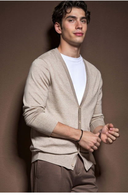 Men's V-Neck Cardigan OEM - Model wearing a stylish wool blend cardigan in beige, showcasing a modern fit.