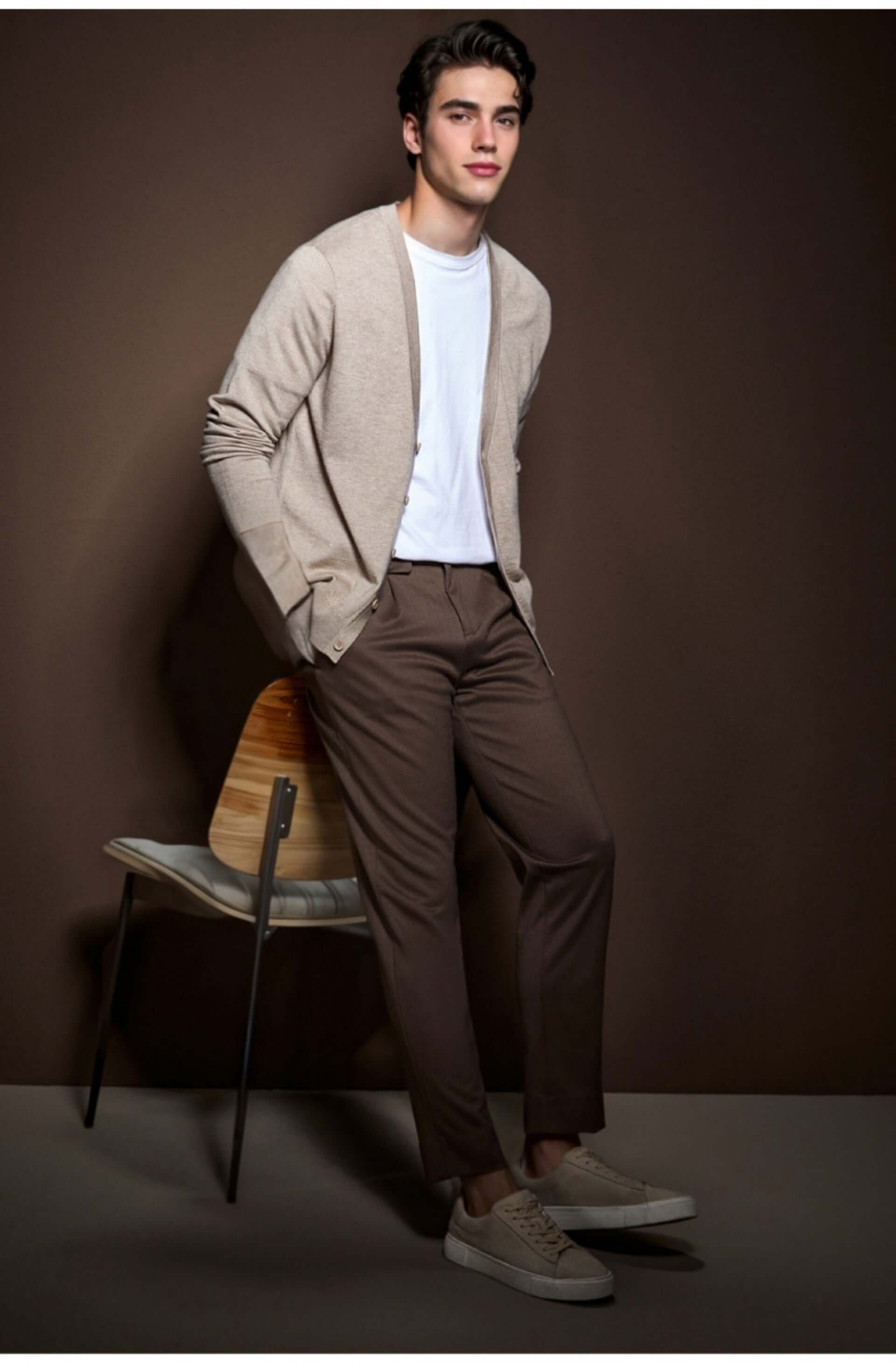 Men's V-Neck Cardigan OEM - Model wearing a stylish beige cardigan with a white shirt and brown pants.