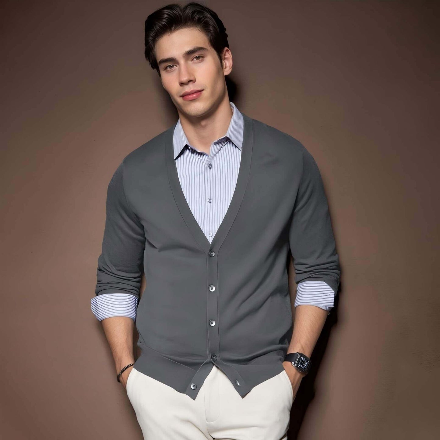 Men's V-Neck Cardigan OEM in grey worn by a model over a striped shirt, showcasing a stylish casual look.