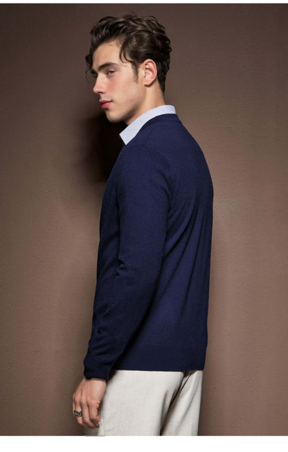 Men's V-Neck Cardigan OEM shown in navy wool blend from the back, featuring a classic and contemporary design.