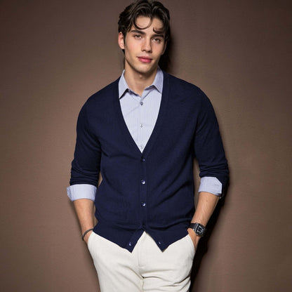 Men's V-Neck Cardigan OEM model wearing navy cardigan over a button-down shirt with relaxed fit pants.