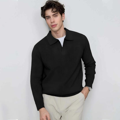 Men's V-Neck Sweater OEM - Model wears a black wool blend sweater, showcasing timeless style and versatile comfort.