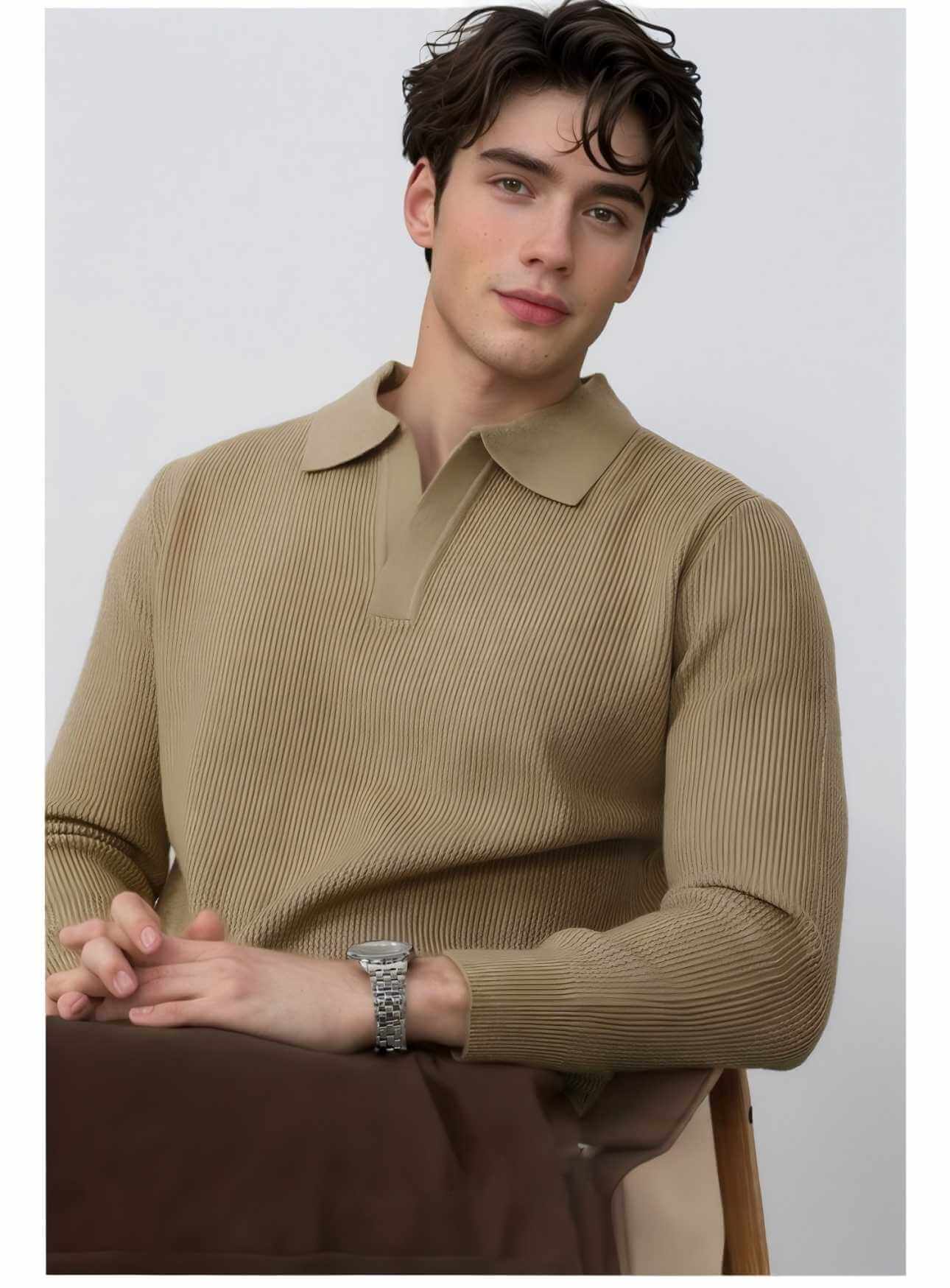 Men's V-Neck Sweater OEM - Model wearing a premium wool blend V-neck pullover sweater in beige.