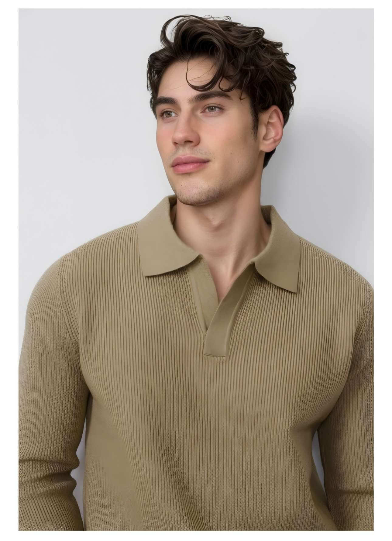 Men's V-Neck Sweater OEM - Model wearing a tan wool blend pullover with a classic collar.