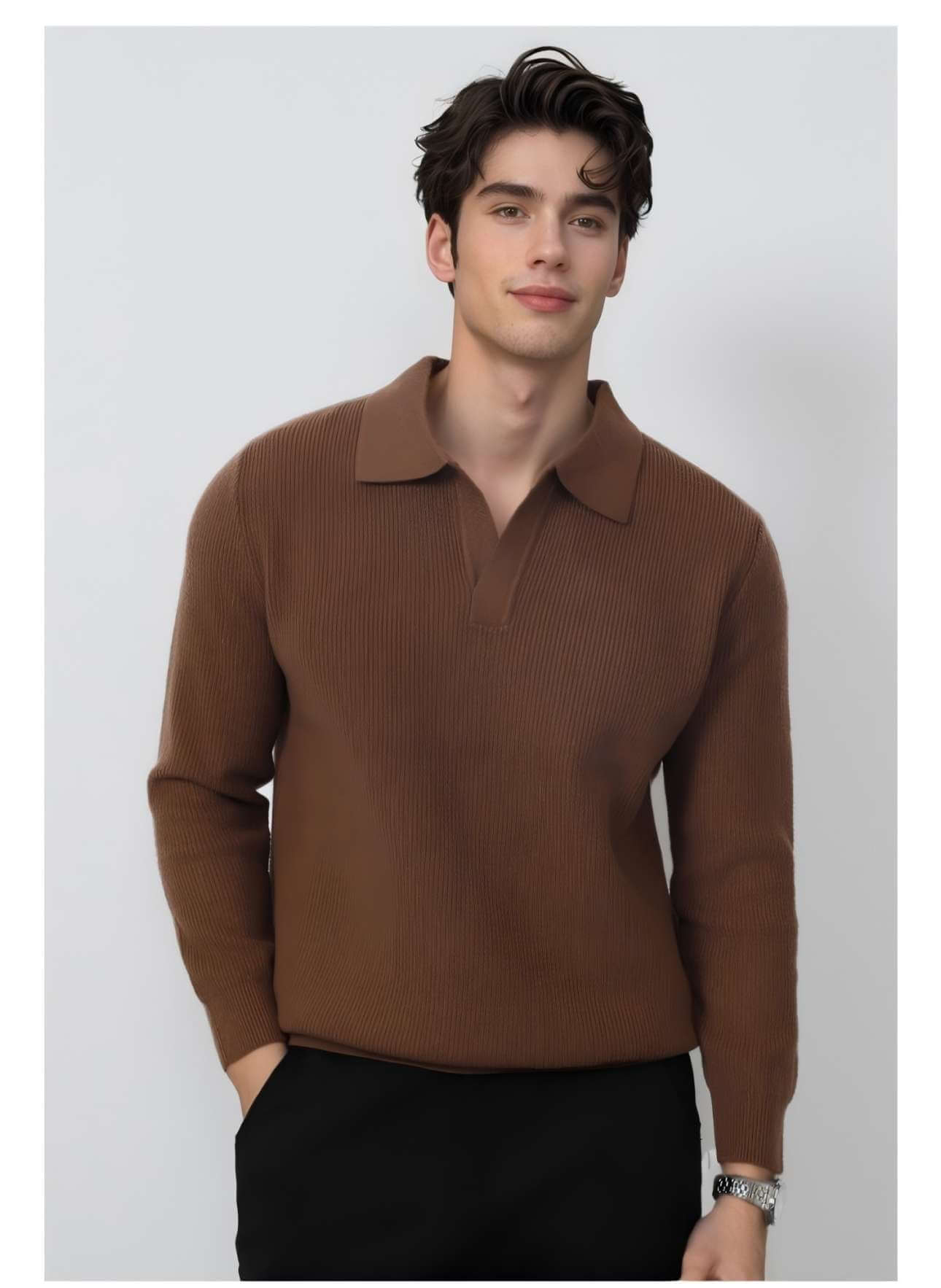 Men's V-Neck Sweater OEM - Model wearing a brown wool blend pullover sweater with a collar, showcasing style and comfort.