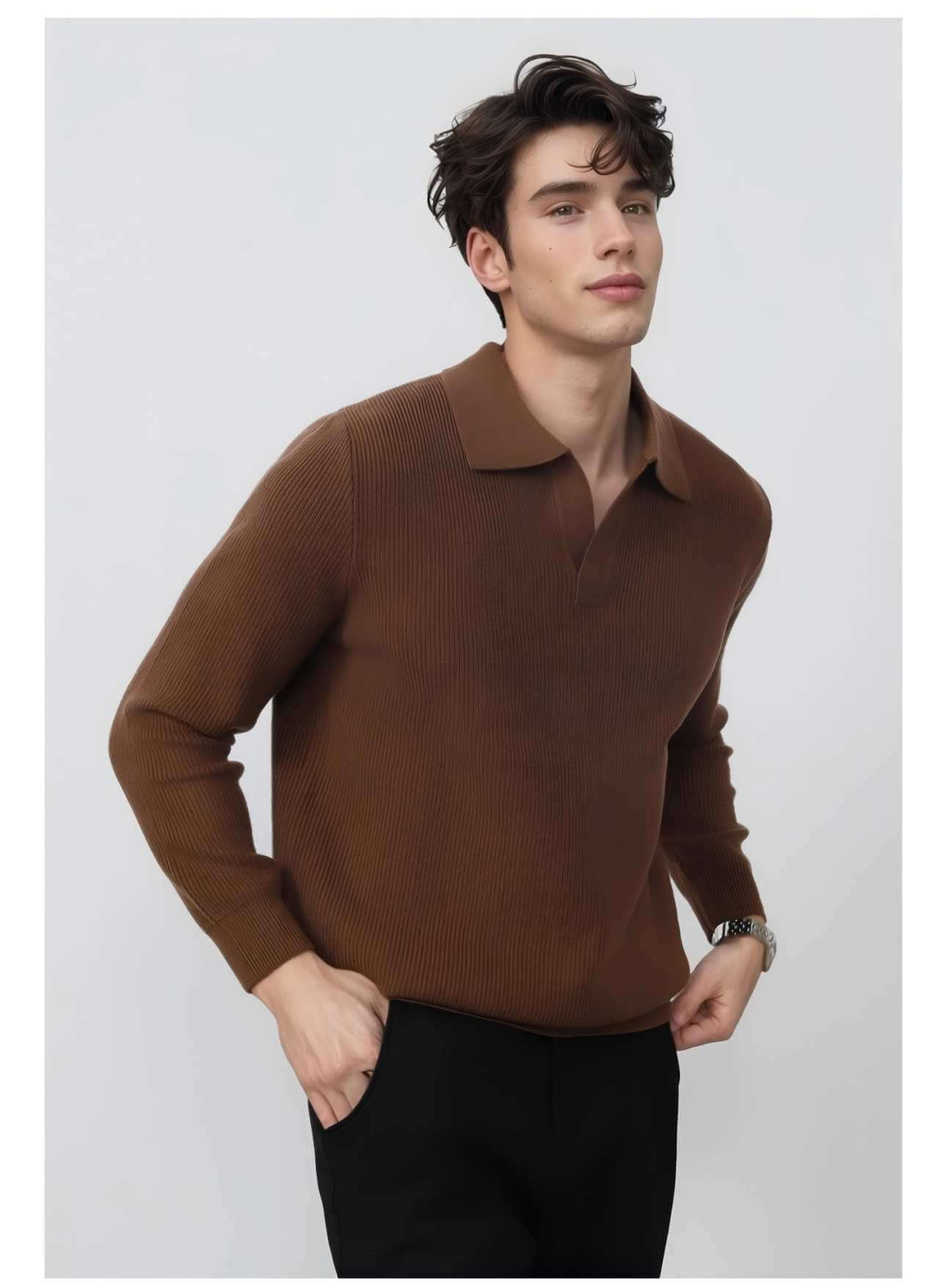 Men's V-Neck Sweater OEM - Model wearing a brown wool blend sweater with a collar, showcasing versatile style.
