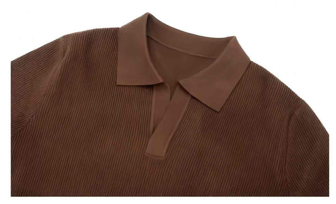 Men's V-Neck Sweater OEM - Brown wool blend pullover with a collared neckline and ribbed texture.