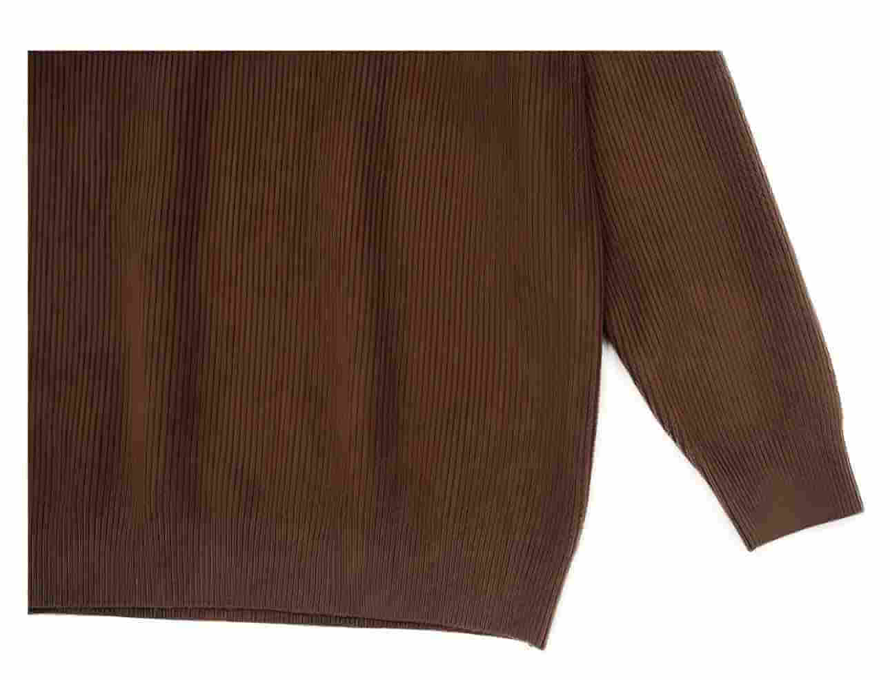 Men's V-Neck Sweater OEM - Close-up of premium wool blend pullover in brown with ribbed texture.