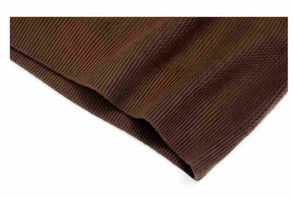 Men's V-Neck Sweater OEM - Close-up of wool blend texture and stitching on the hem of a brown sweater.