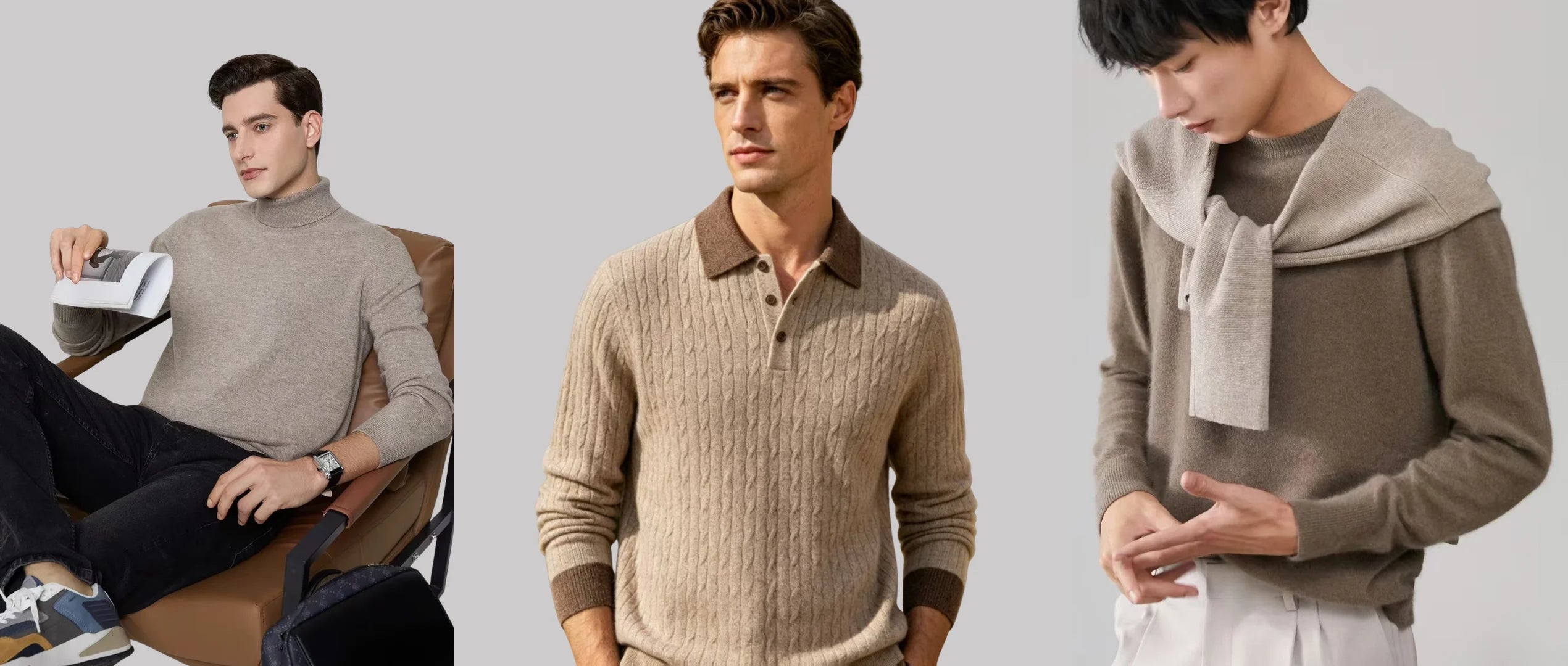 Male model presenting custom men's wool knitwear sweater, high-end OEM/ODM apparel sourcing and collection development.
