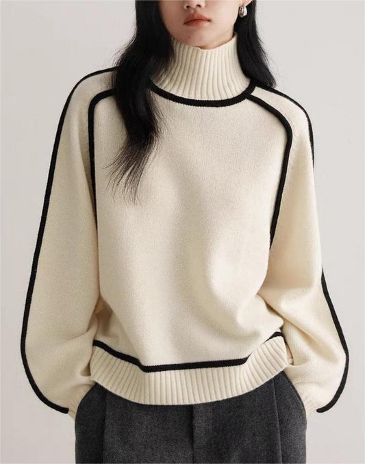 Woman modeling new sweater in beige, front view