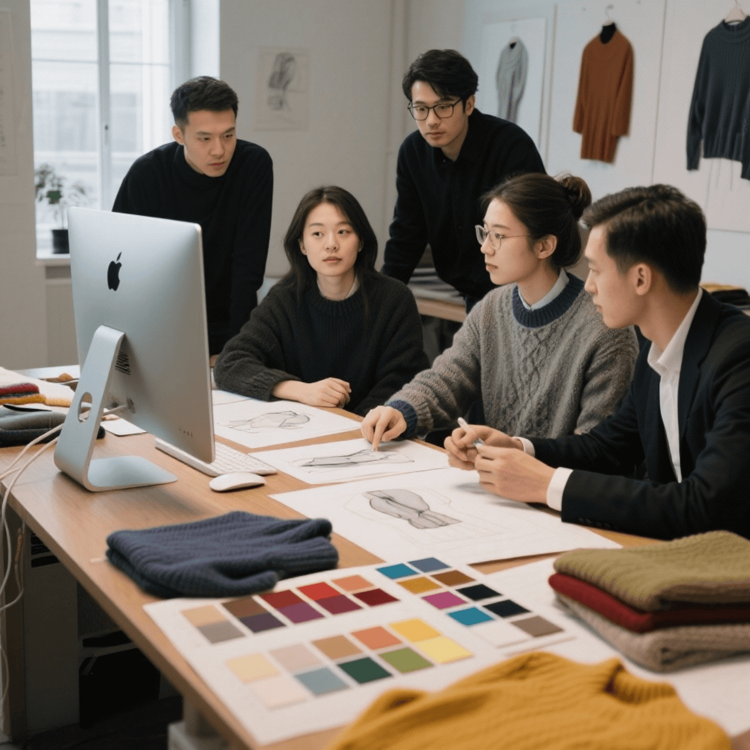 Fashion designer discussing knitwear tech pack with our manufacturing team