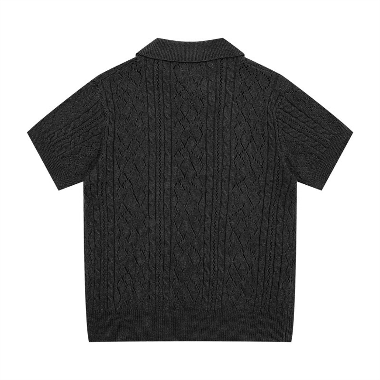 Back view of dark gray polo collar sweater flat display